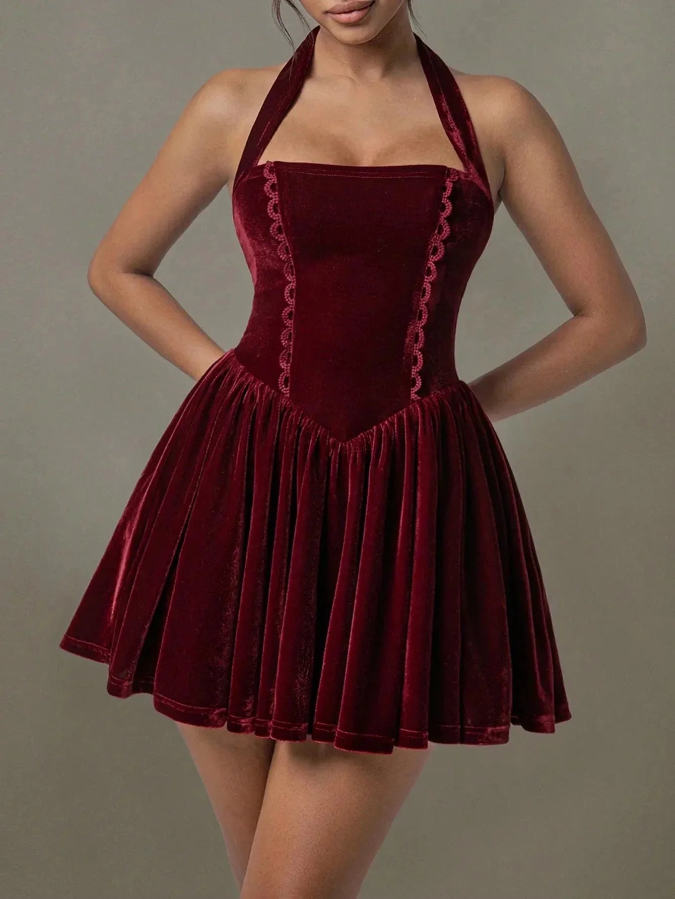 Velvet Halter Skater Dress - VILLA FASHION